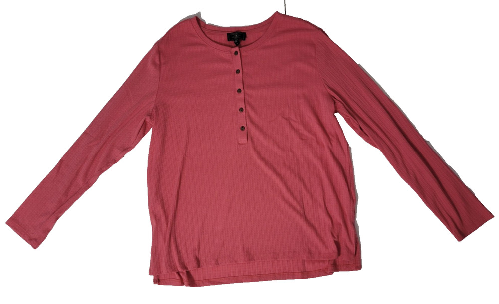 G.H. Bass & Co Womens L Pink Ribbed Henley Long Sleeve Shirt Relaxed Fit